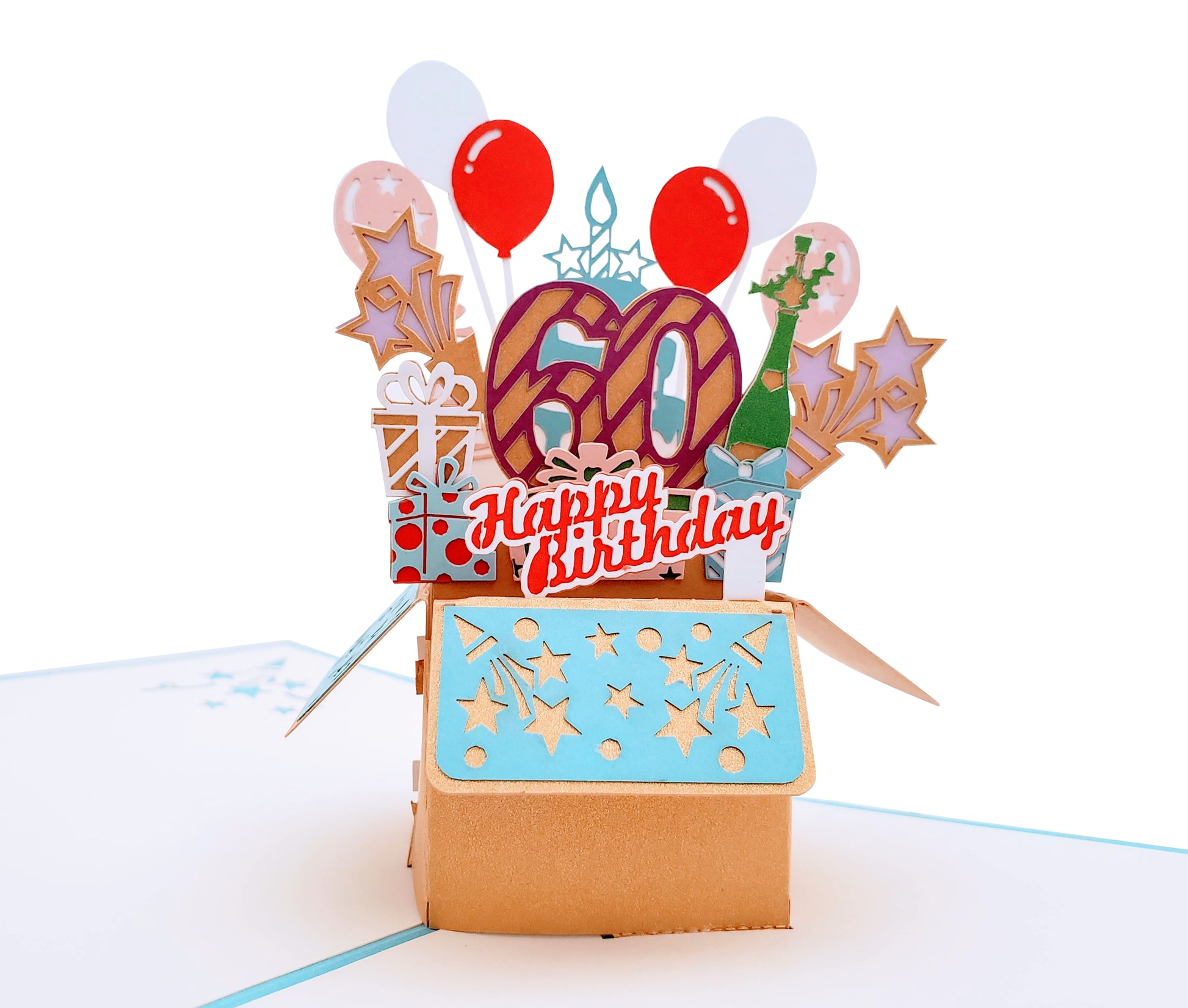 Happy 60th Birthday Blue Party Box 3D Pop Up Greeting Card - Age - Birthday - Fun - Special Days - iGifts And Cards