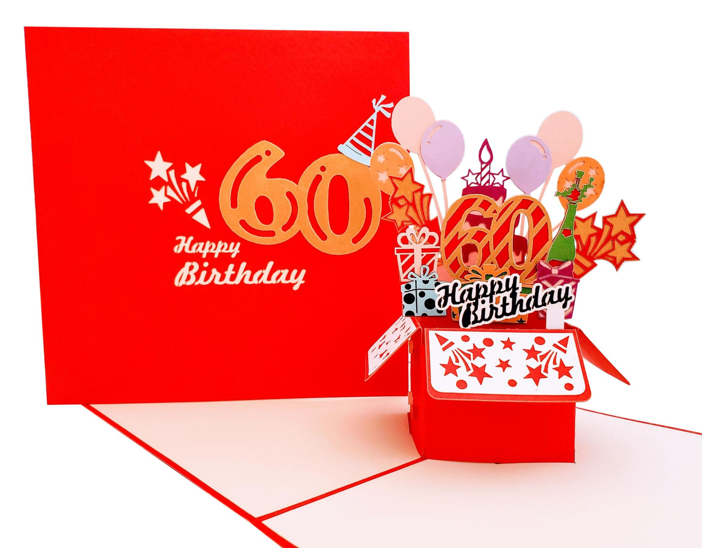 Happy 60th Birthday Red Party Box 3D Pop Up Greeting Card - Birthday - Fun - Milestone - Special Day - iGifts And Cards