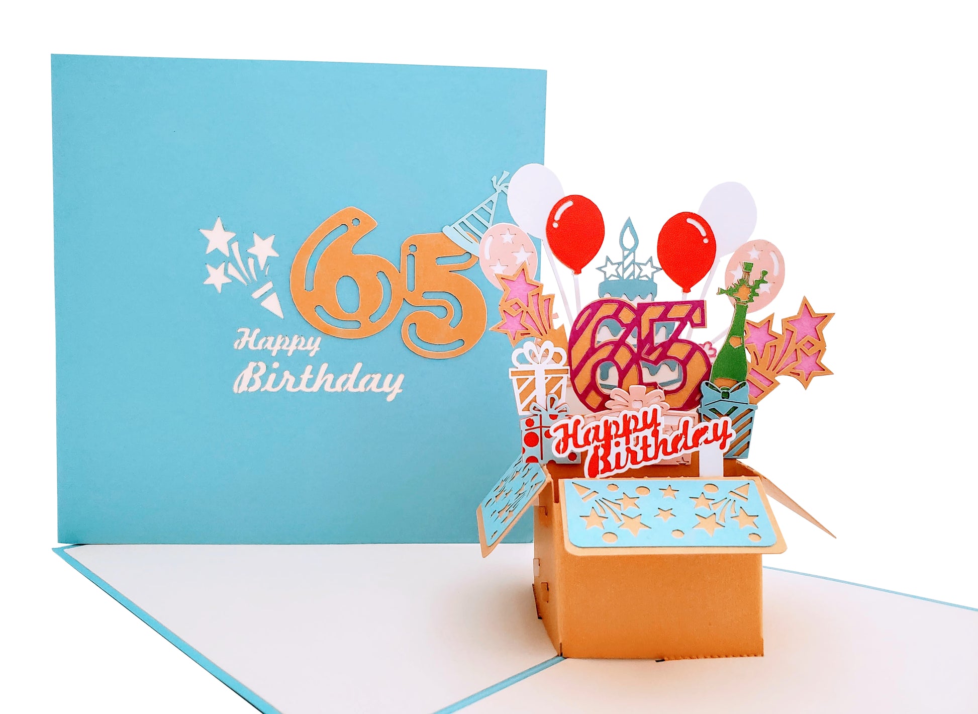 Happy 65th Birthday Blue Party Box 3D Pop Up Greeting Card -  - iGifts And Cards