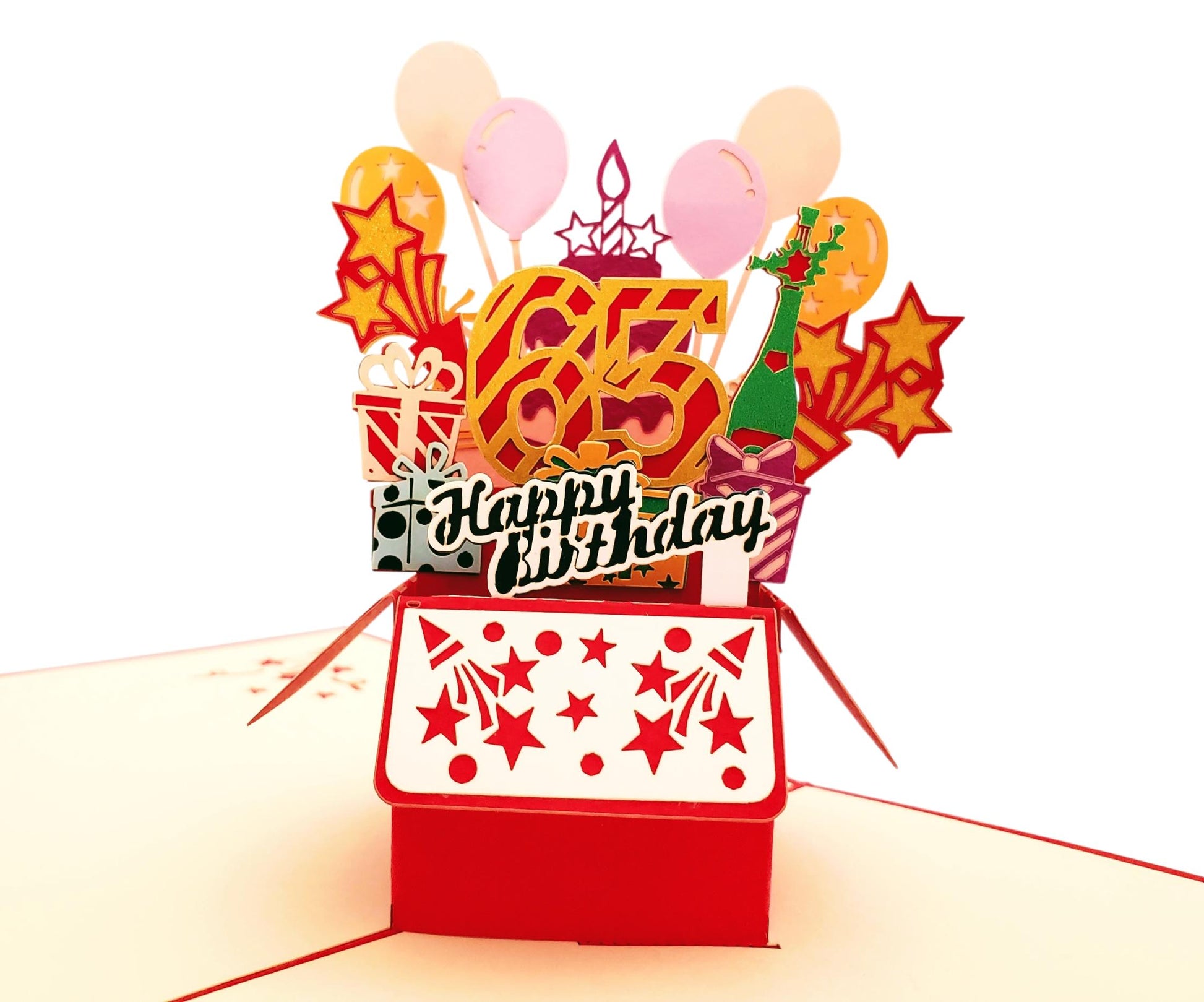 Happy 65th Birthday Red Party Box 3D Pop Up Greeting Card - Birthday - Fun - Milestone - Special Day - iGifts And Cards