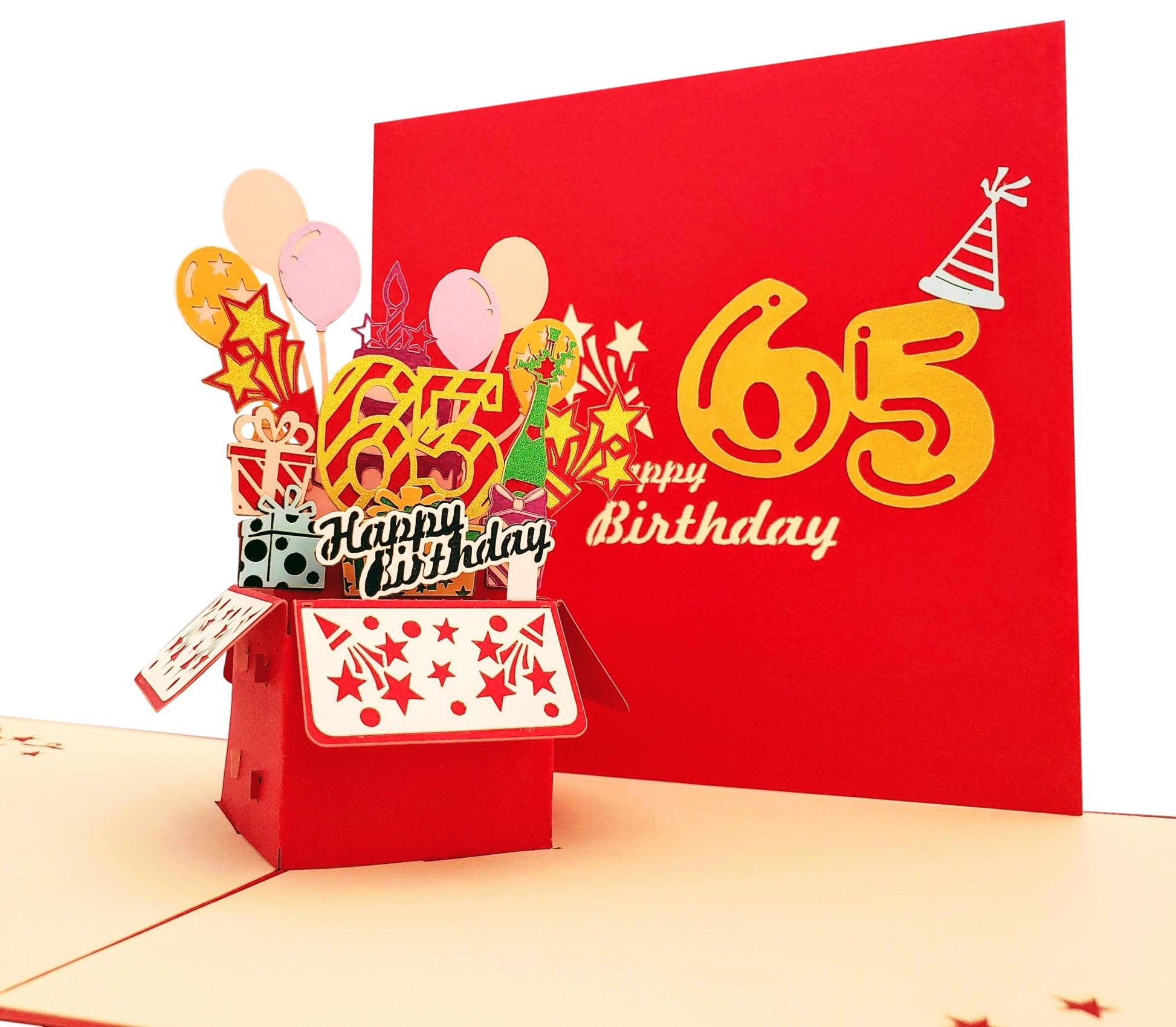Happy 65th Birthday Red Party Box 3D Pop Up Greeting Card - Birthday - Fun - Milestone - Special Day - iGifts And Cards
