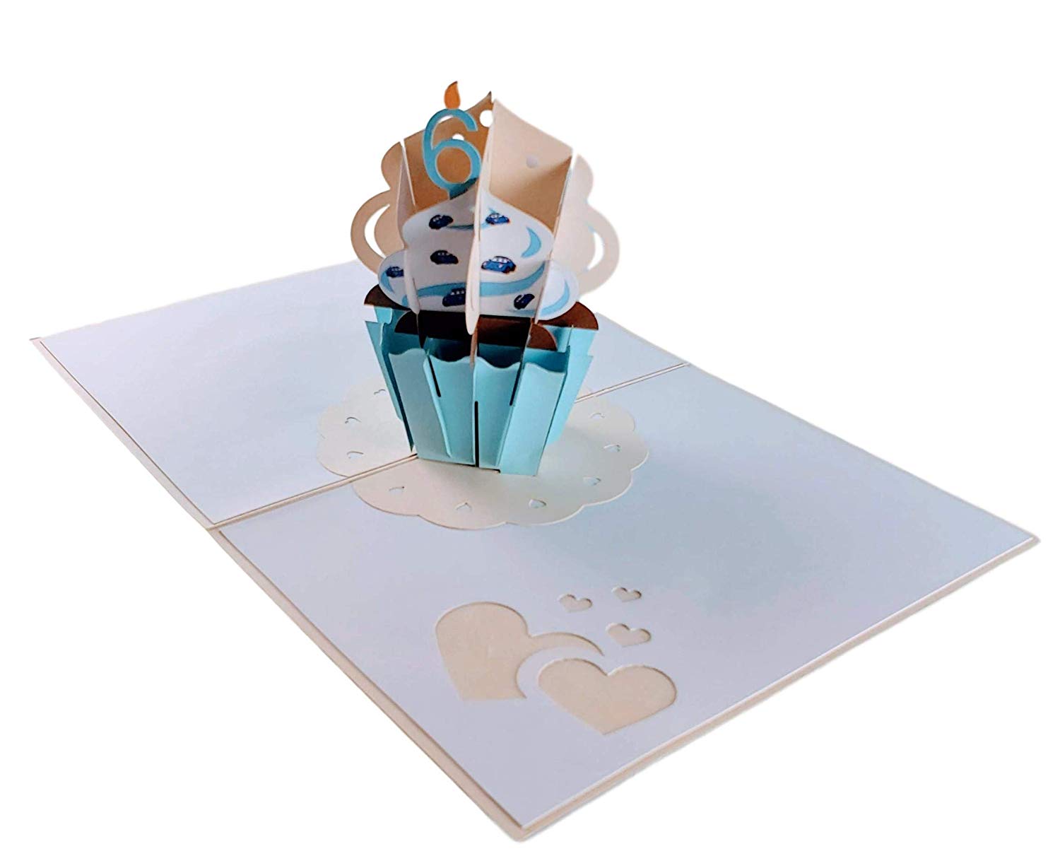 6th Birthday Blue Cars Cupcake 3D Pop Up Greeting Card - Birthday - iGifts And Cards