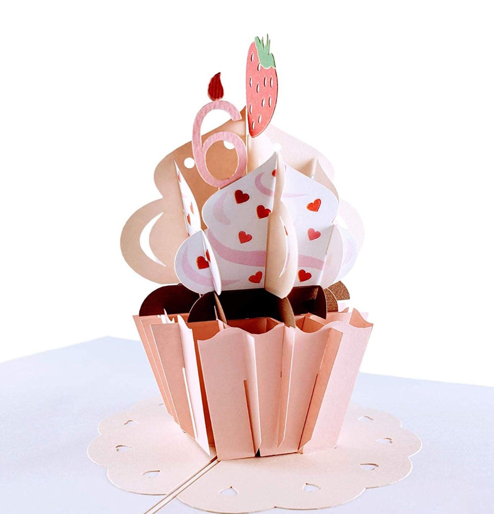 6th Birthday Pink Hearts Cupcake 3D Pop Up Greeting Card - Birthday - iGifts And Cards