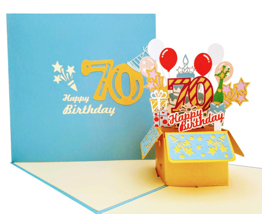 Happy 70th Birthday Blue Party Box 3D Pop Up Greeting Card - Birthday - Fun - Milestone - Special Da - iGifts And Cards