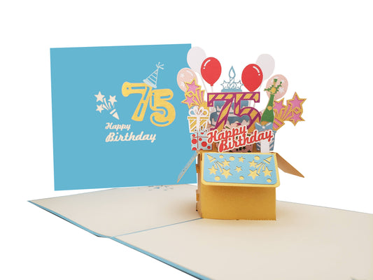 Happy 75th Blue Birthday Party Box 3D Pop Up Greeting Card - Awesome - Balloons - best wishes - Birt - iGifts And Cards