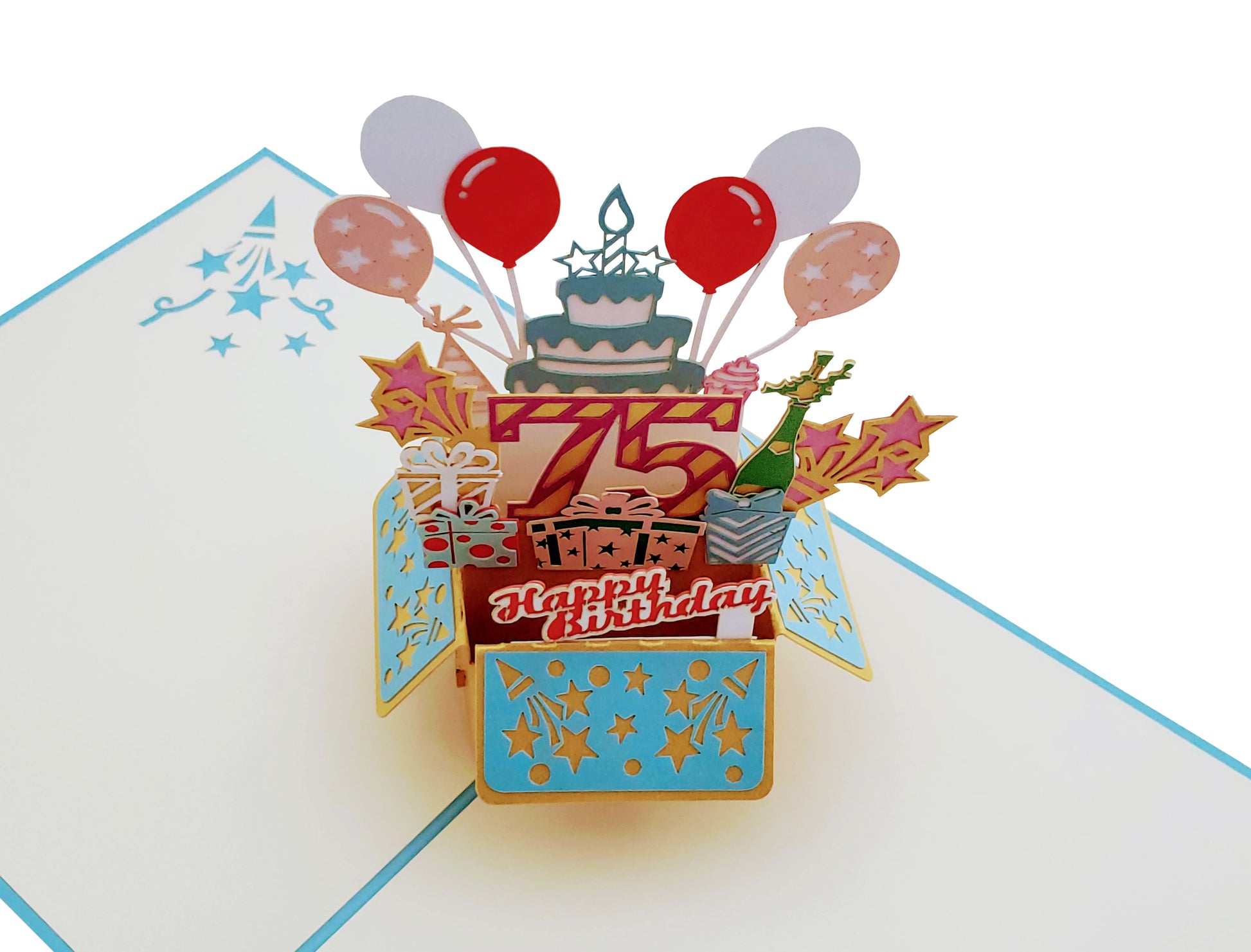 Happy 75th Blue Birthday Party Box 3D Pop Up Greeting Card - Awesome - Balloons - best wishes - Birt - iGifts And Cards