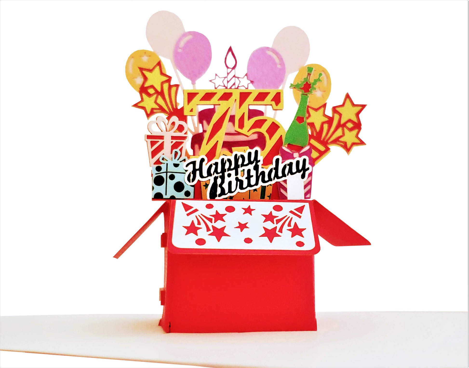 Happy 75th Red Birthday Party Box 3D Pop Up Greeting Card - Awesome - Balloons - Birthday - Celebrat - iGifts And Cards