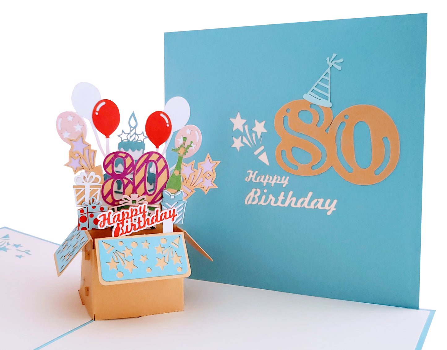 Happy 80th Blue Birthday Party Box 3D Pop Up Greeting Card - best wishes - Birthday - Celebration - iGifts And Cards