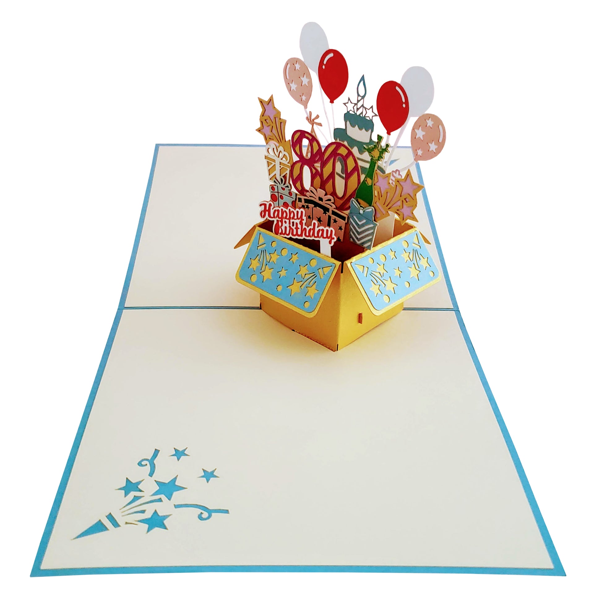 Happy 80th Blue Birthday Party Box 3D Pop Up Greeting Card - best wishes - Birthday - Celebration - iGifts And Cards
