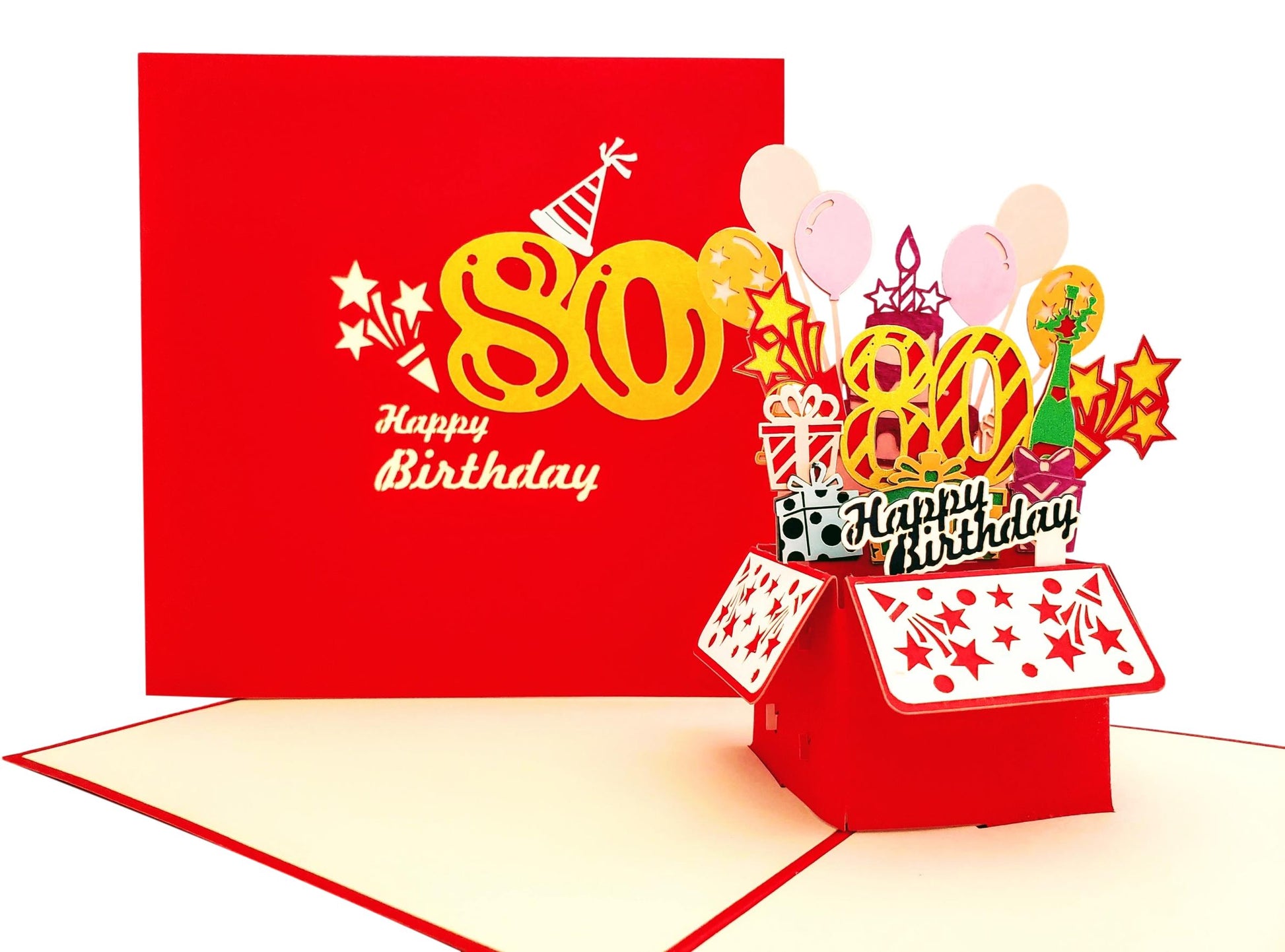 Happy 80th Birthday Red Party Box 3D Pop Up Greeting Card - Birthday - Fun - Milestone - Special Day - iGifts And Cards