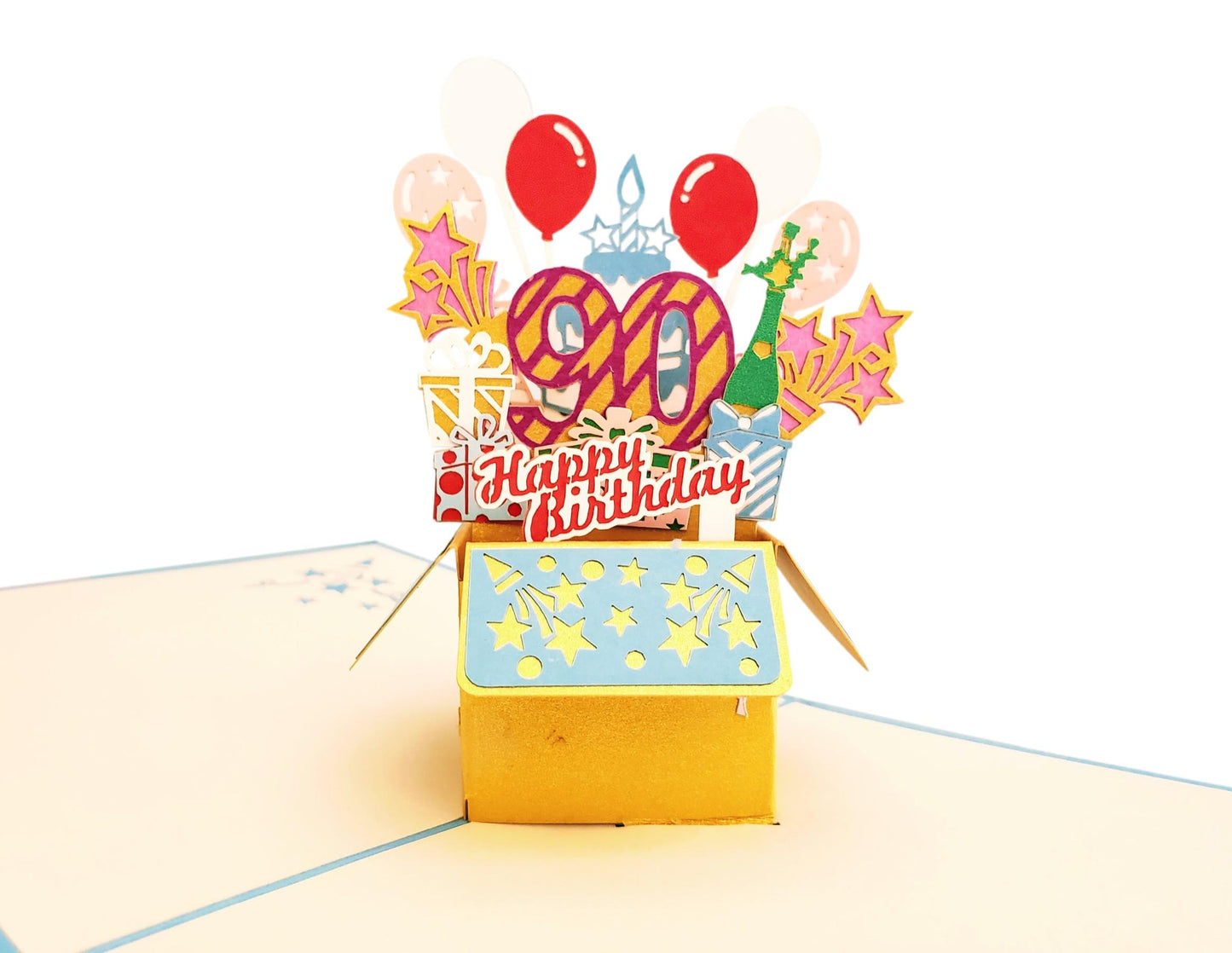 Happy 90th Birthday Blue Party Box 3D Pop Up Greeting Card - Age - Birthday - Fun - Special Days - iGifts And Cards