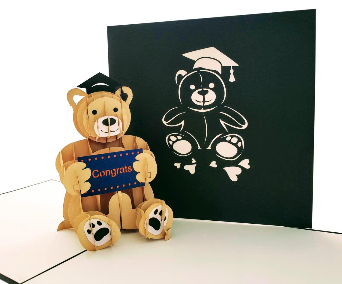 Black Cap Graduation Bear 3D Pop Up Greeting Card - 2020 May - Bear - Black - Congratulations - Grad - iGifts And Cards