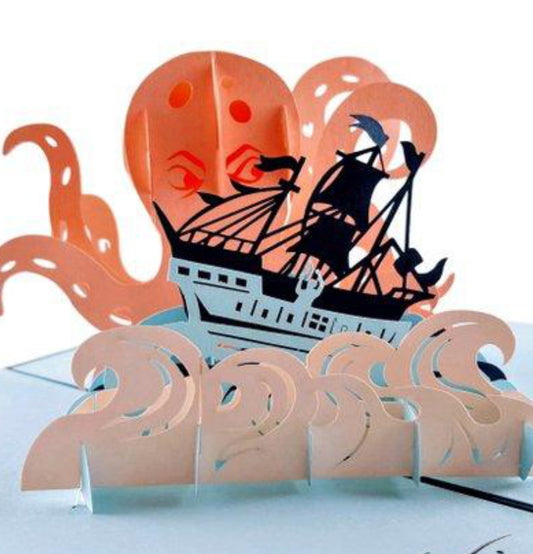 Giant Octopus Kraken Attacks Pirate Ship 3D Pop Up Greeting Card - Animal - Fun - iGifts And Cards