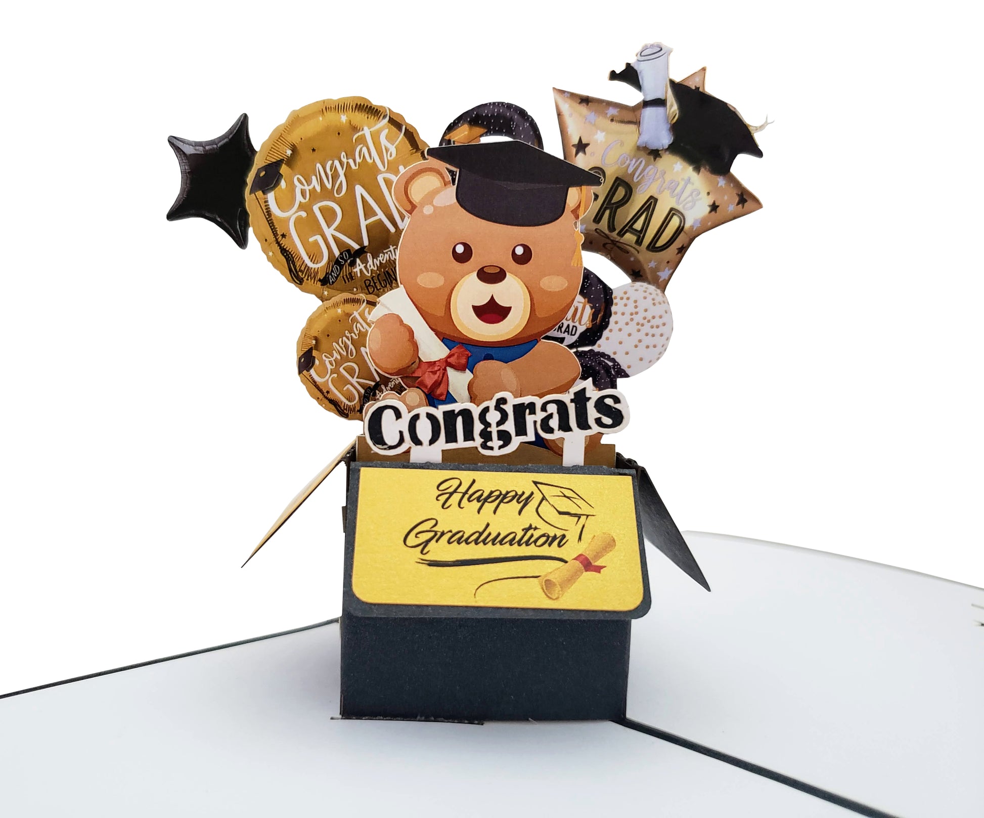 Graduation Bear Party Box 3D Pop Up Greeting Card - Awesome - Black - Celebration - Congrats - Congr - iGifts And Cards