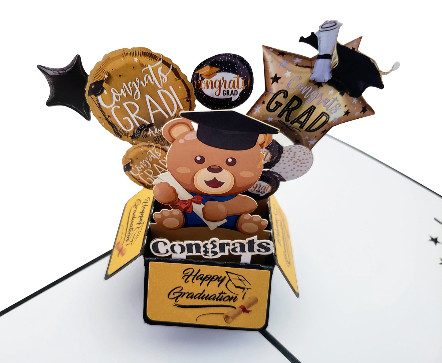 Graduation Bear Party Box 3D Pop Up Greeting Card - Awesome - Black - Celebration - Congrats - Congr - iGifts And Cards