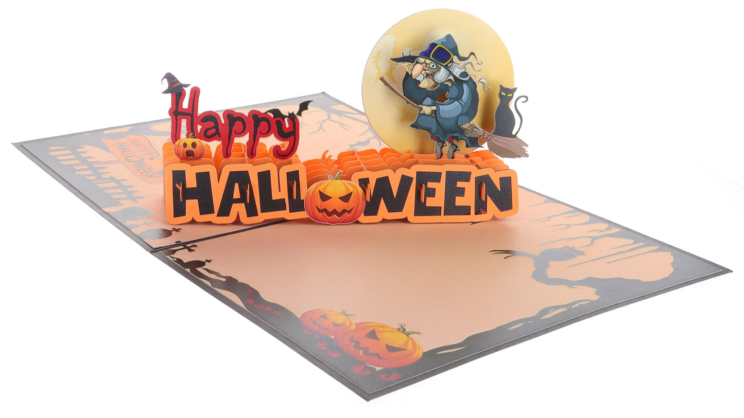 Spooky Wicked Witch With Black Cat Halloween 3D Pop Up Greeting Card - 3d halloween card - Awesome - iGifts And Cards