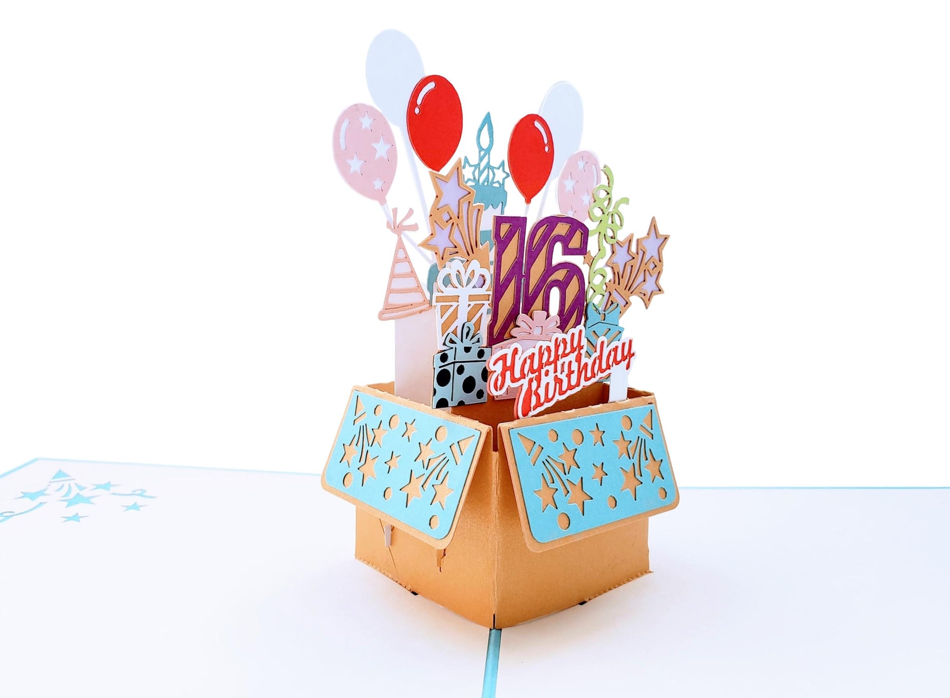 Happy 16th Birthday Blue Party Box 3D Pop Up Greeting Card - Awesome - Balloons - Birthday - Celebra - iGifts And Cards