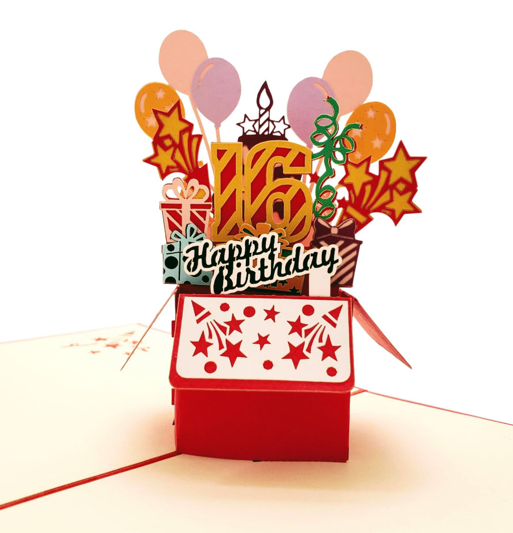 Happy 16th Birthday Red Party Box 3D Pop Up Greeting Card -  - iGifts And Cards