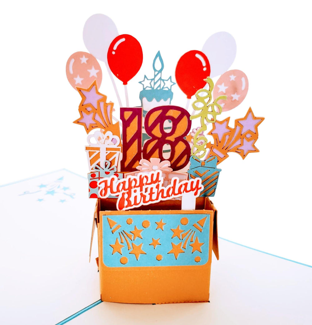 Happy 18th Birthday Blue Party Box 3D Pop Up Greeting Card - 18th birthday card - 18th birthday wish - iGifts And Cards