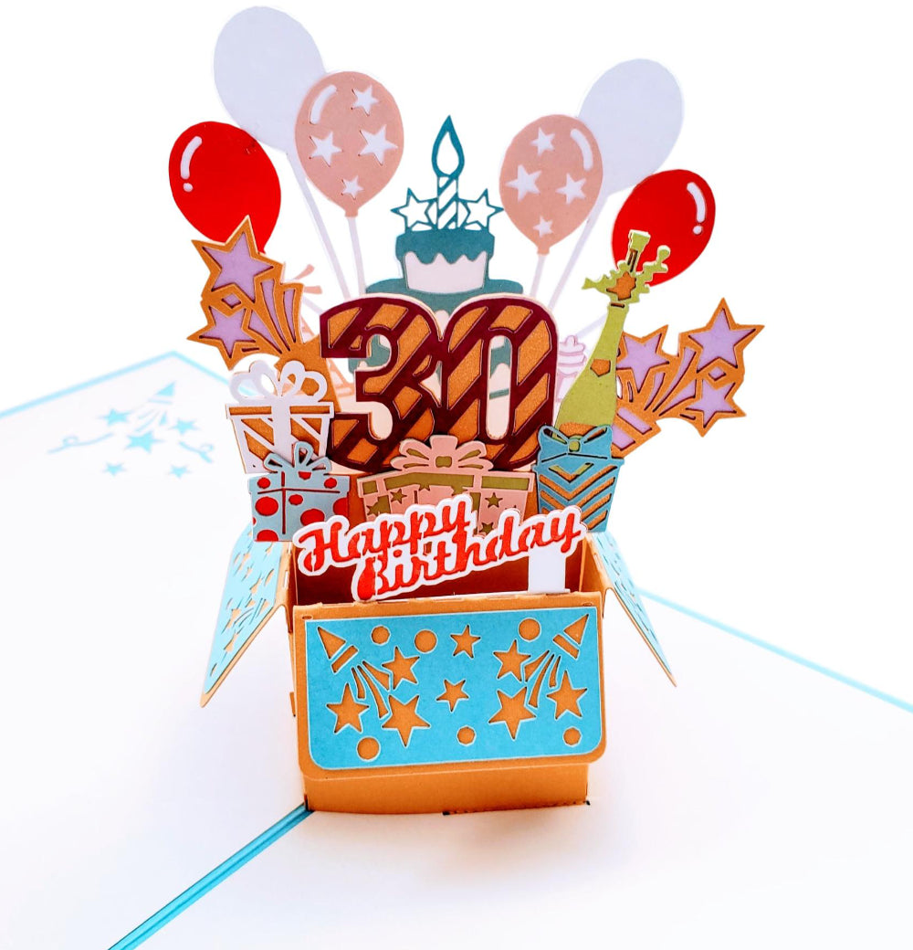 Happy 30th Birthday Blue Party Box 3D Pop Up Greeting Card - Awesome - Balloons - Celebration - Comp - iGifts And Cards