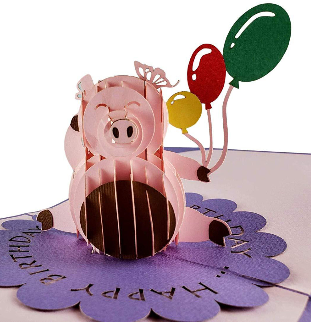 Pink Pig with Balloons Birthday 3D Pop Up Greeting Card - Birthday - Congratulations - iGifts And Cards