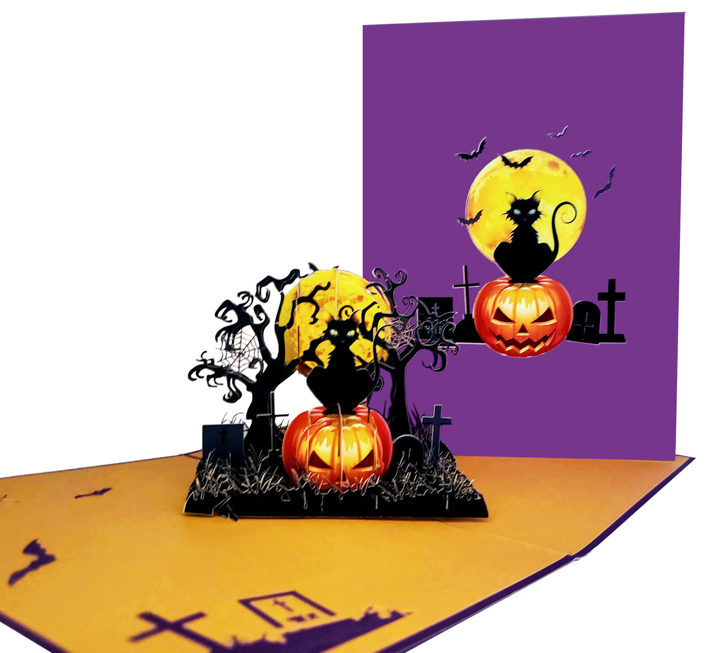 Purple Scary Cat Pumpkin Halloween 3D Pop Up Greeting Card - 3d halloween card - best deal - Best Ha - iGifts And Cards